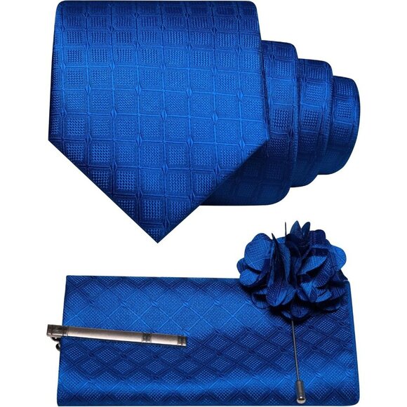 🆕Men Blue Plaid Checkered Necktie and Pocket with Tie Clip Lapel Pin Set Ties - Picture 1 of 4